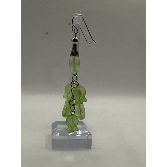 Green Acrylic Flower Earrings Dangle Drop Design Silver Tone Hook Lightweight - Picture 5 of 5